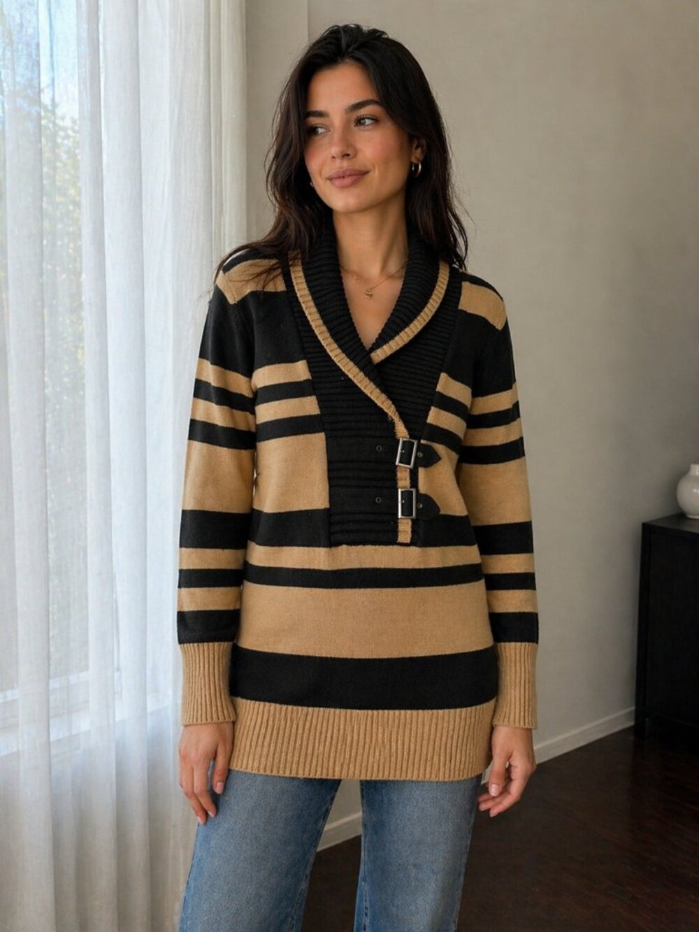 Olivia Sky Striped Shawl Collar Sweater Buckle Tan Black PXL